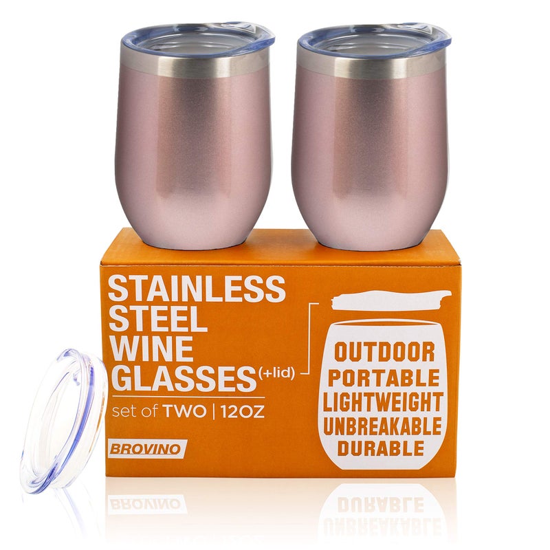 BROVINO Rose Stainless Steel Wine Glasses with Lid - 12 oz Double Wall Insulated Outdoor Wine Tumblers - 100% Unbreakable - Wine Tumbler Set for Outdoor : Wine, Coffee & Camping (2)â€¦ - Image 1